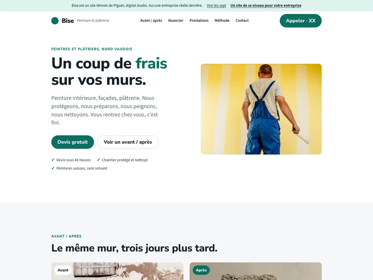 Modèle Bise, page d’accueil du site témoin