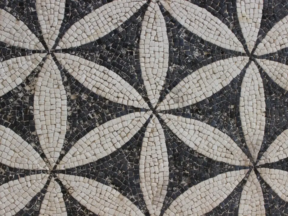 Sol en mosaïque de pierre, motif floral noir et blanc