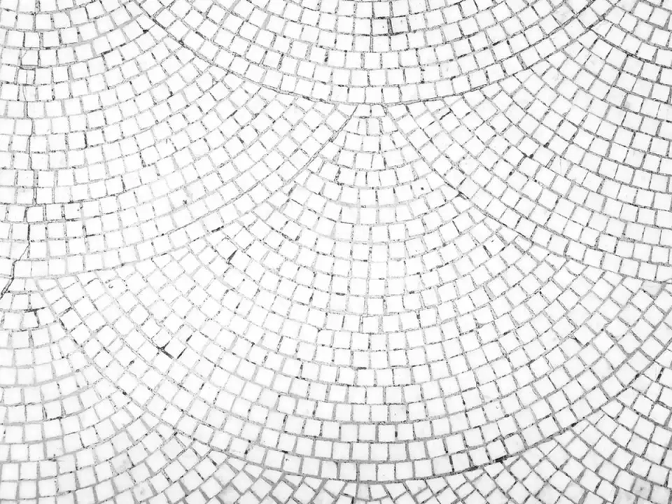 Sol en mosaïque blanche, petits pavés posés en éventail
